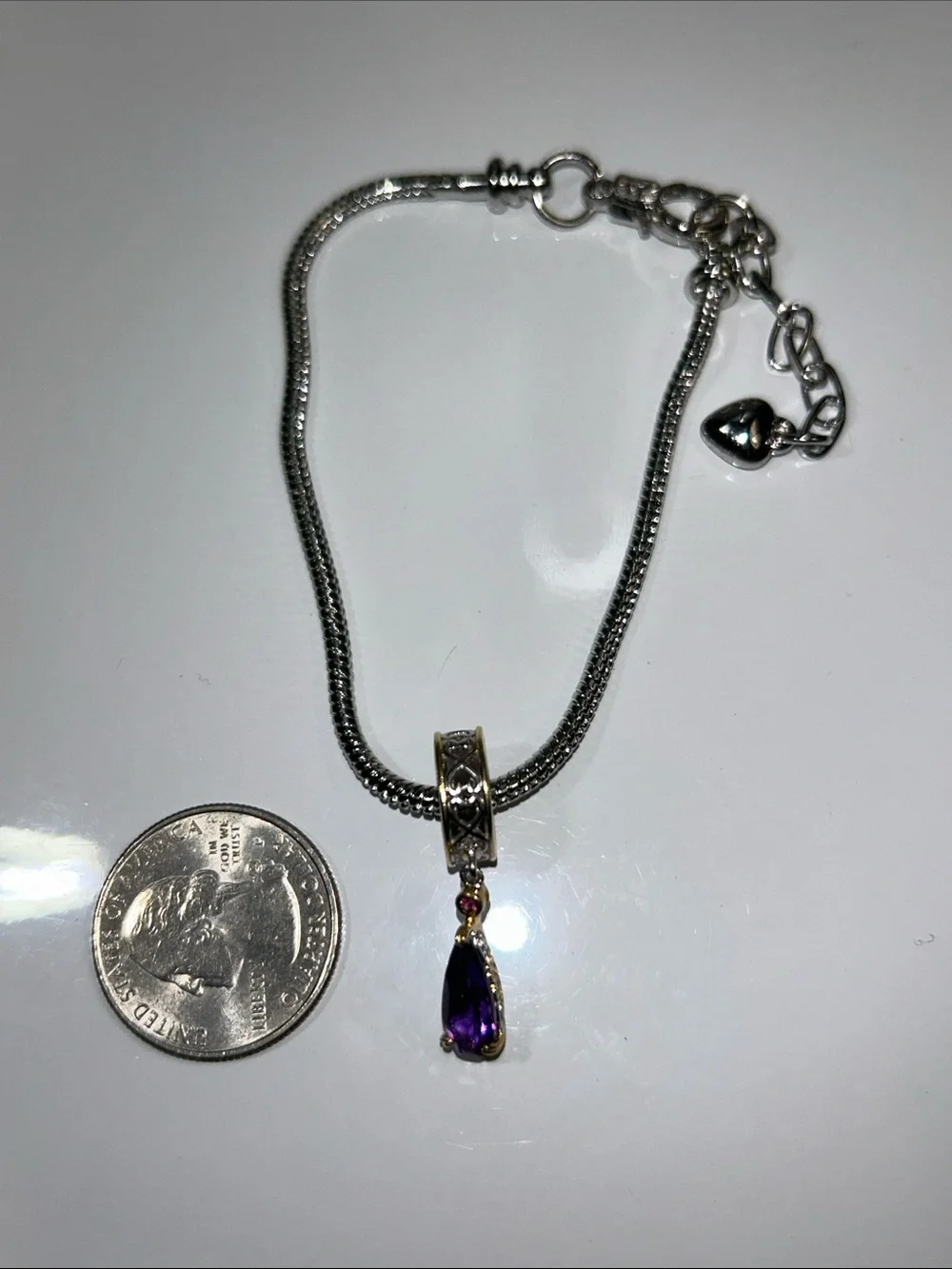 NWOT Gems En Vogue Palladium 18k Accent Genuine Amethyst & Rhodonite Euro Charm